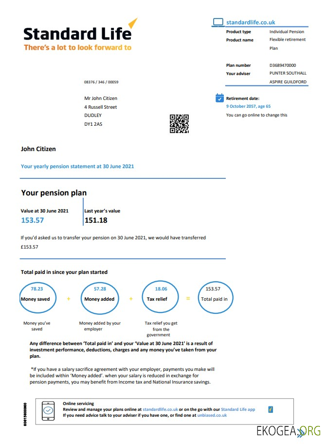 Royaume Uni Standard Life justificatif de domicile relevé de pension au format Excel et PDF (.xls et .pdf)